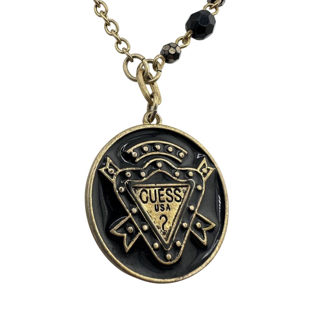 Guess Black Enamel Logo Coat of Arms Beaded Gold Tone 32” Fashion Necklace